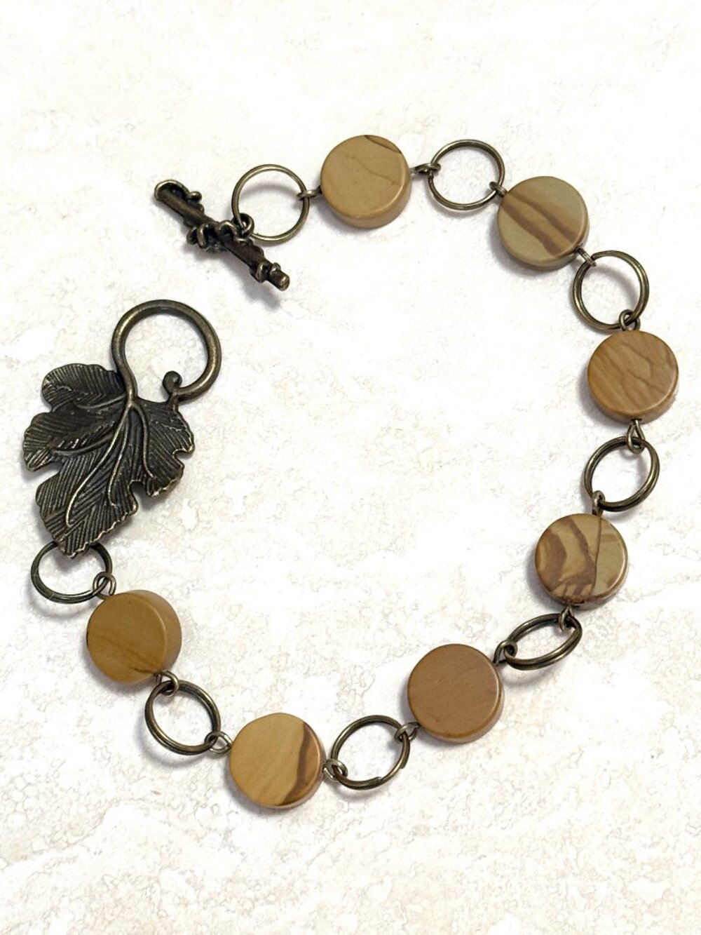 2/$20, Petrified Wood Jasper Bracelet, Natural Gemstone & Bronze Grape Leaf